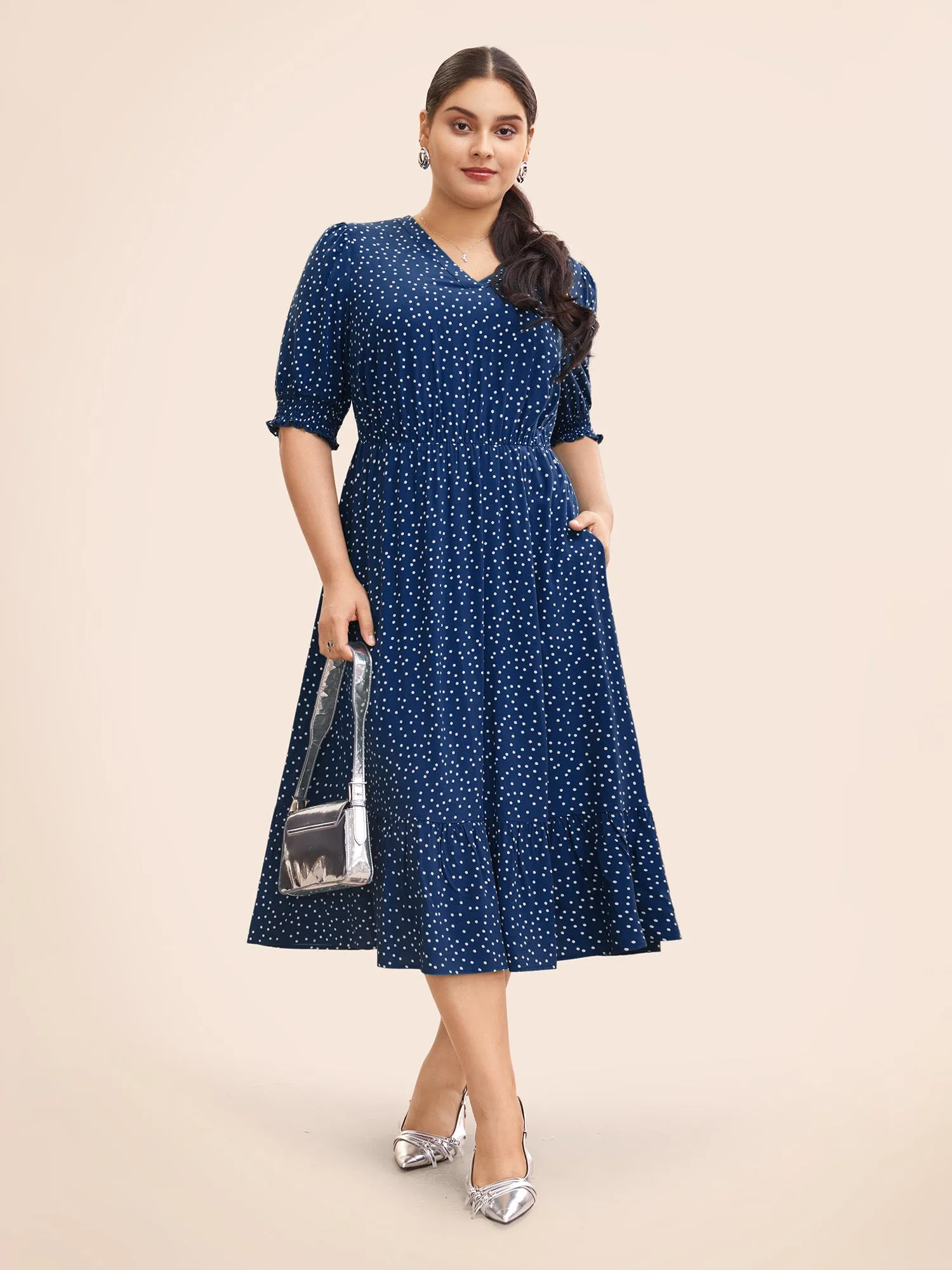 Polka Dot Shirred Pocket Flutter Hem Dress sold by Bloomchic product image thumbnail 3