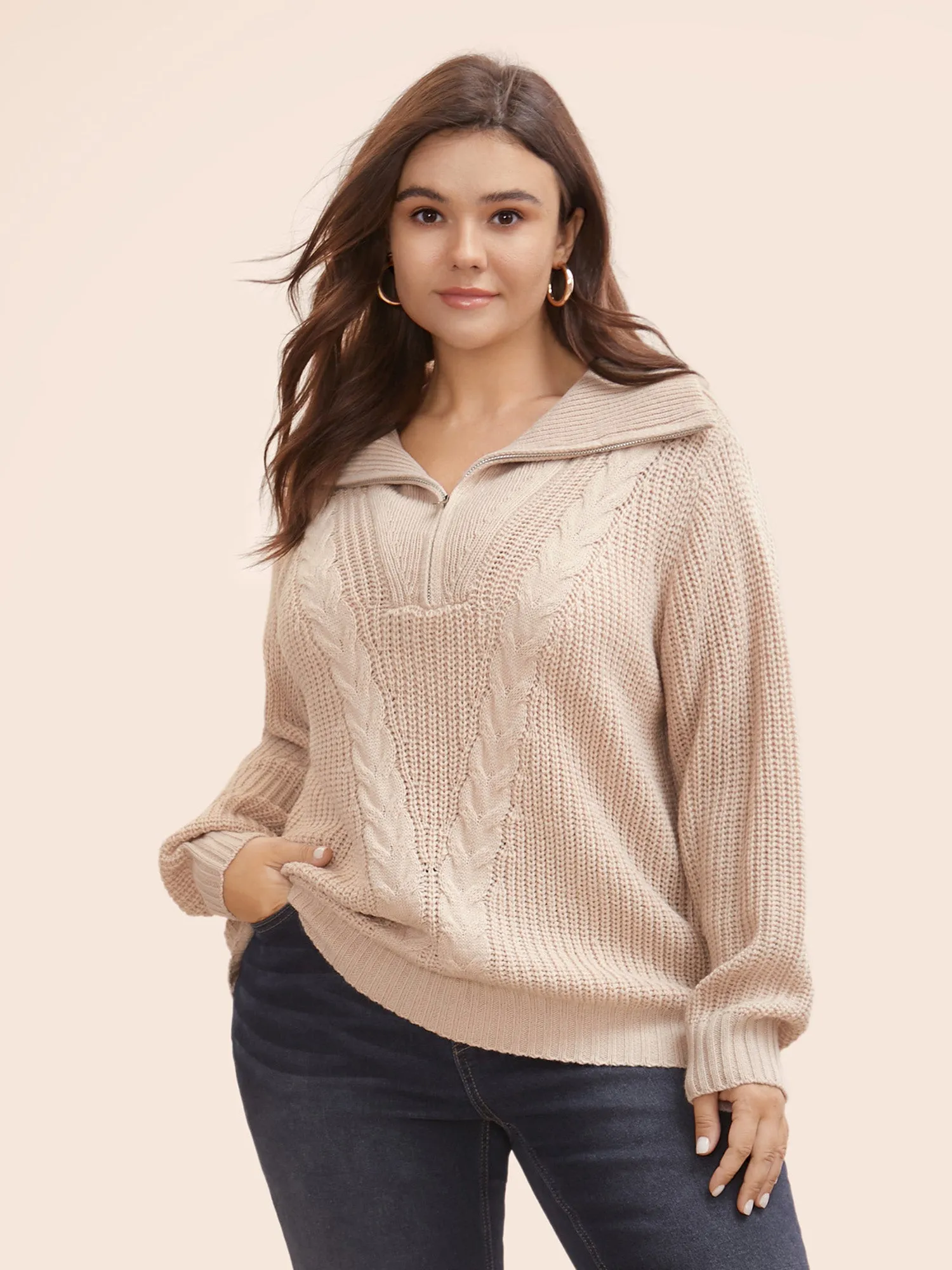 Lapel Collar Half Zip Cable Knit Pullover sold by Bloomchic product image thumbnail 2