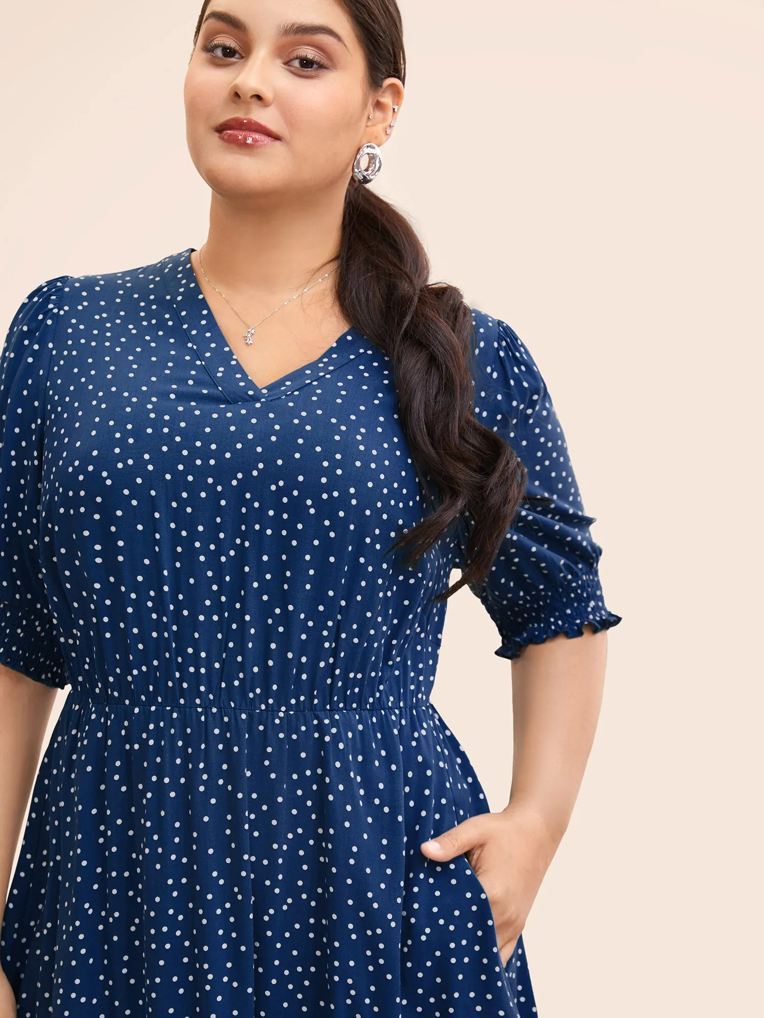 Polka Dot Shirred Pocket Flutter Hem Dress sold by Bloomchic product image thumbnail 2