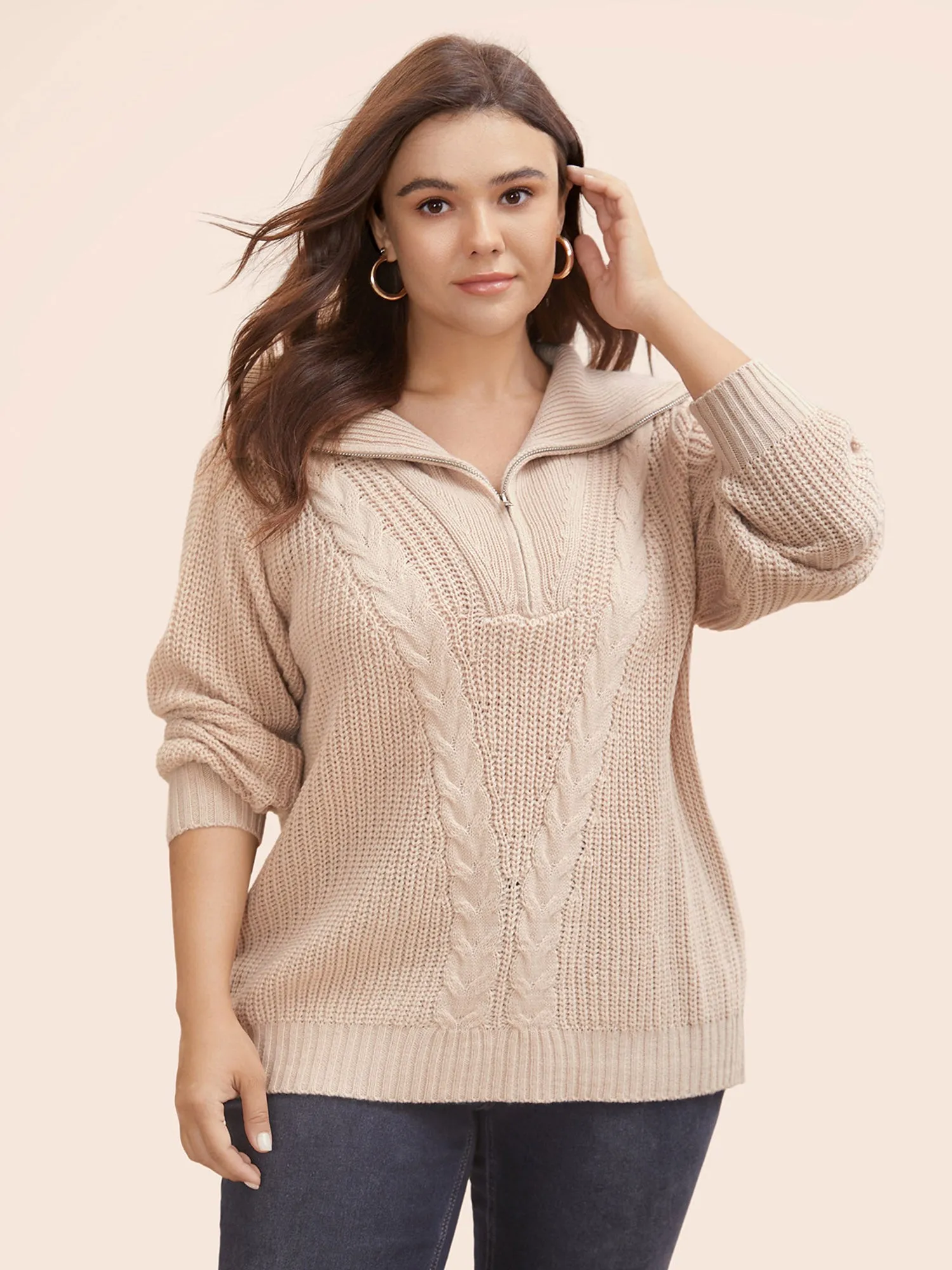 Lapel Collar Half Zip Cable Knit Pullover sold by Bloomchic