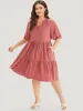 Solid Notched Lantern Sleeve Ruffle Layered Hem Dress sold by Bloomchic