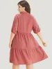 Solid Notched Lantern Sleeve Ruffle Layered Hem Dress sold by Bloomchic