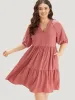 Solid Notched Lantern Sleeve Ruffle Layered Hem Dress sold by Bloomchic