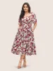 Square Neck Floral Print Belted Gathered Dress sold by Bloomchic