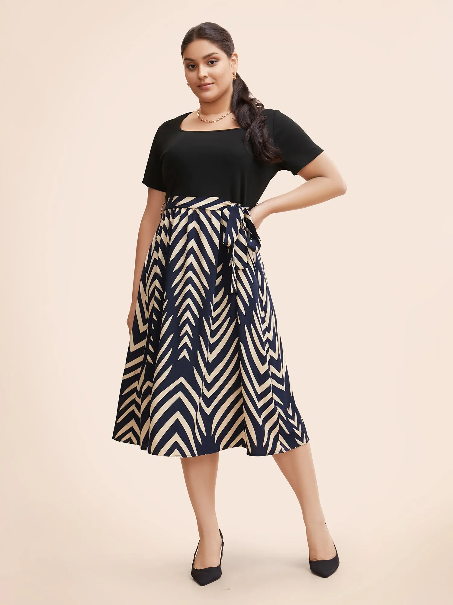 Square Neck Striped Patchwork Belted Dress sold by Bloomchic product image thumbnail 2