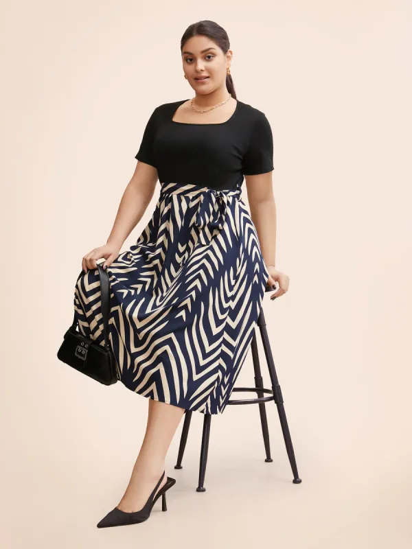 Square Neck Striped Patchwork Belted Dress sold by Bloomchic