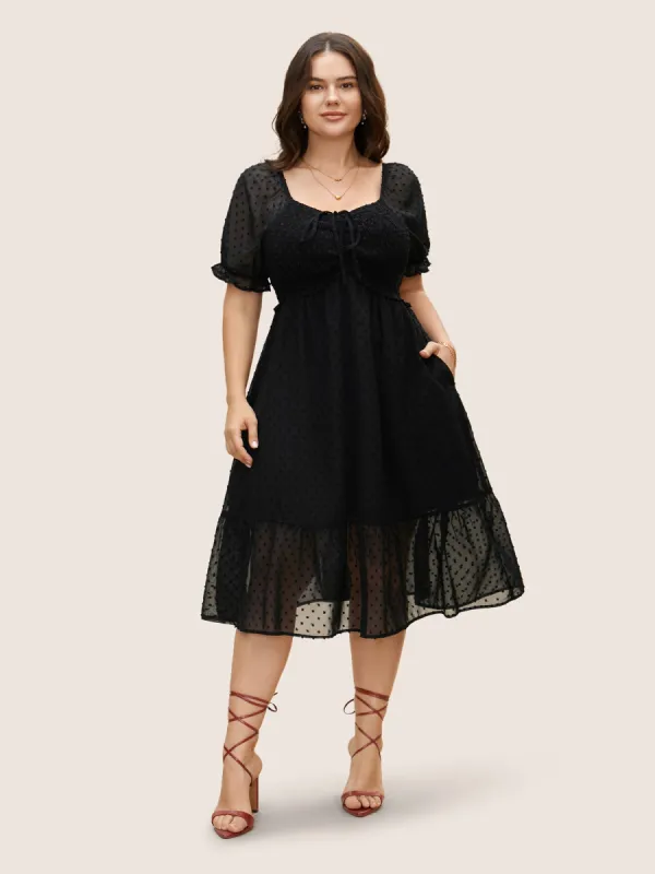 Polka Dot Textured Mesh Shirred Drawstring Dress sold by Bloomchic