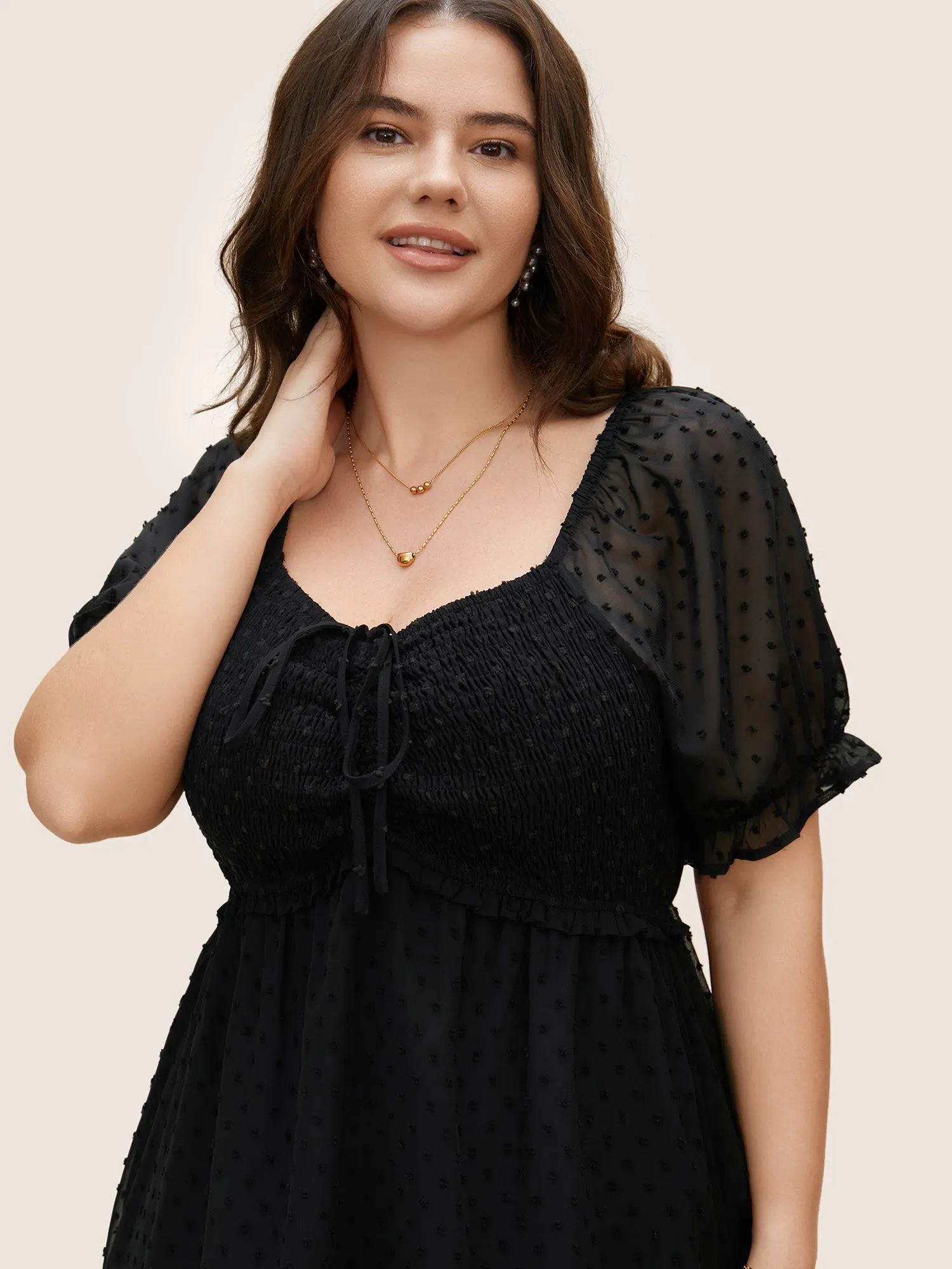 Polka Dot Textured Mesh Shirred Drawstring Dress sold by Bloomchic product image thumbnail 4