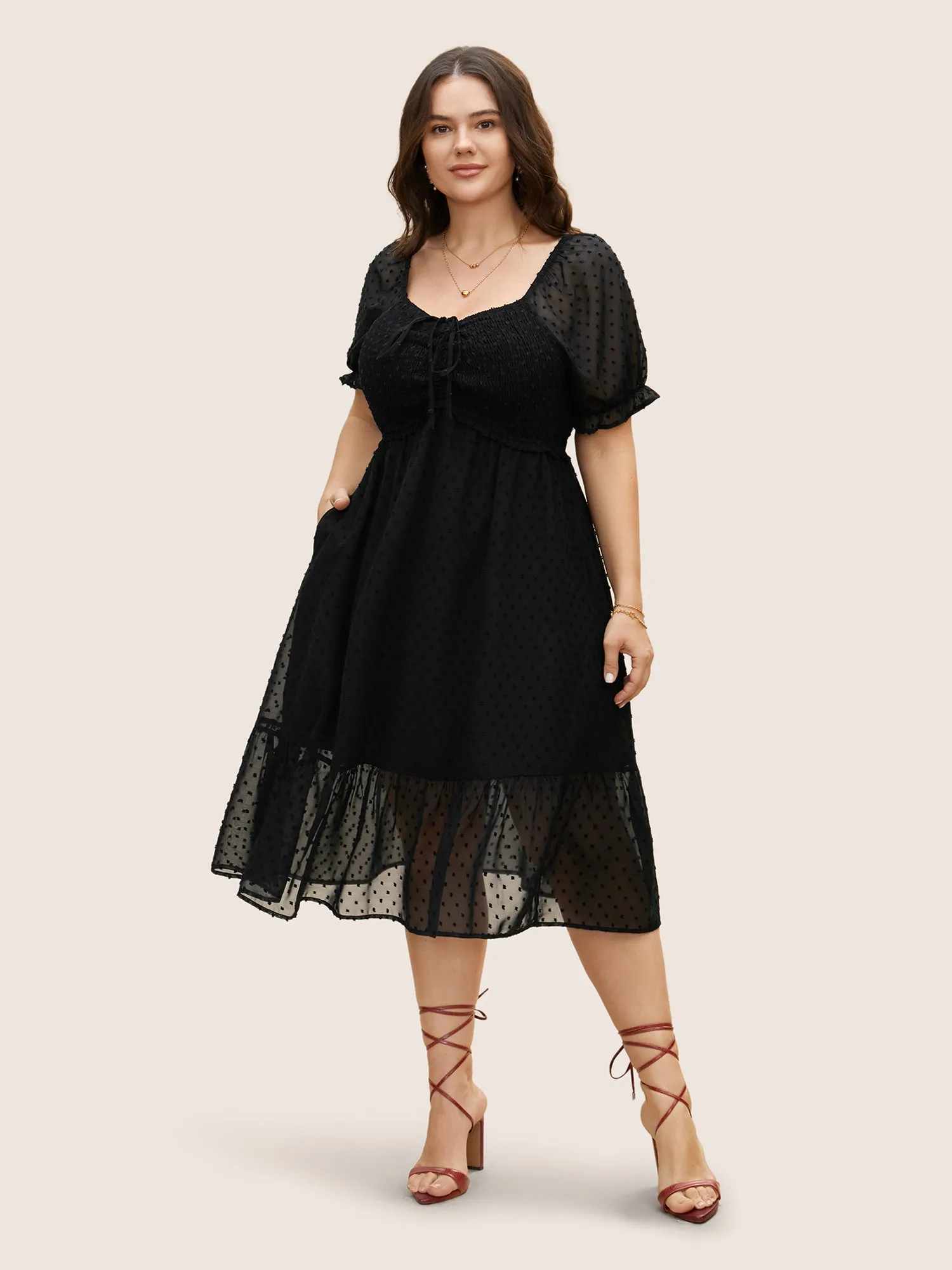 Polka Dot Textured Mesh Shirred Drawstring Dress sold by Bloomchic product image thumbnail 2