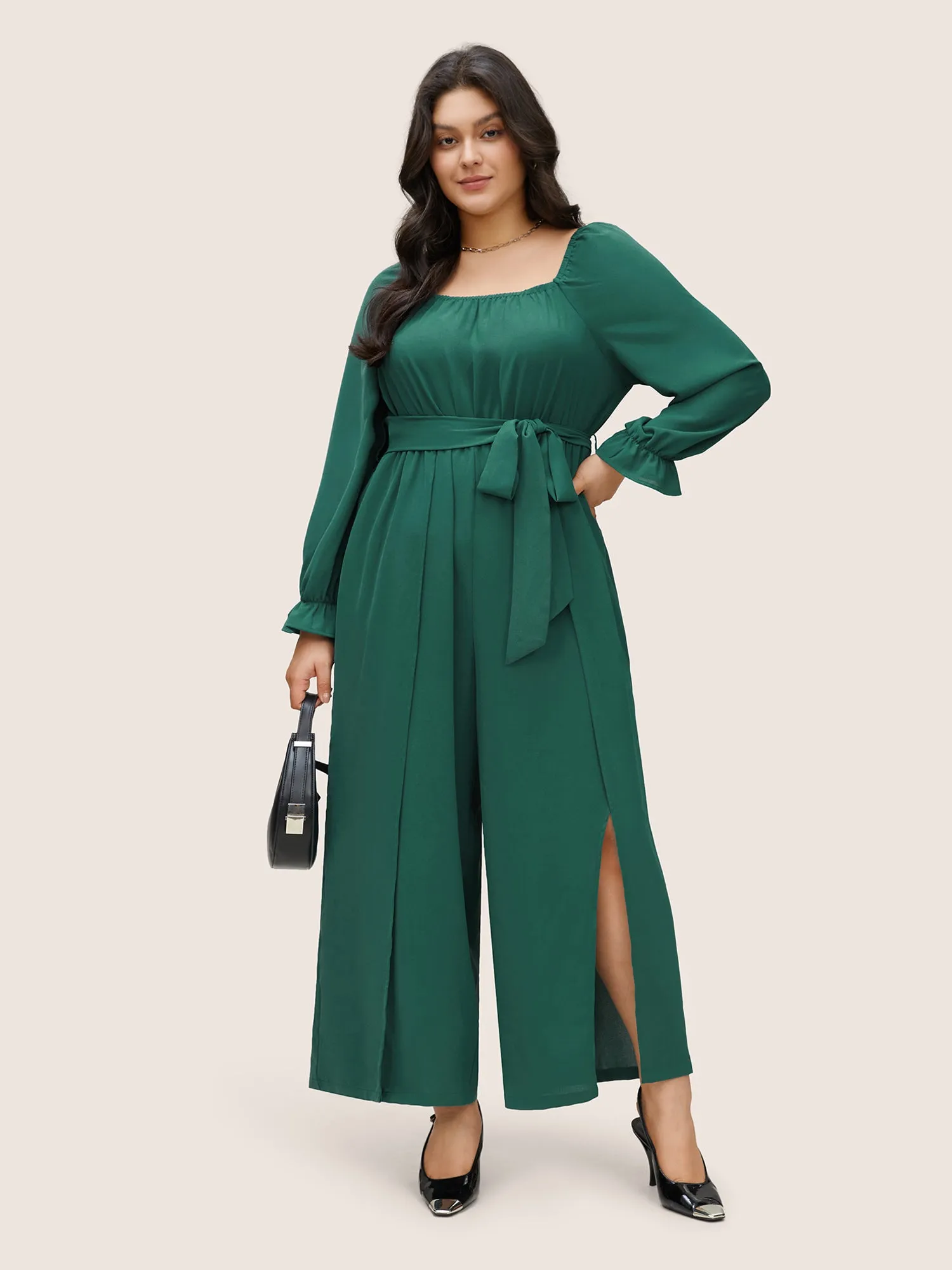 Plain Square Neck Belted Split Hem Jumpsuit sold by Bloomchic