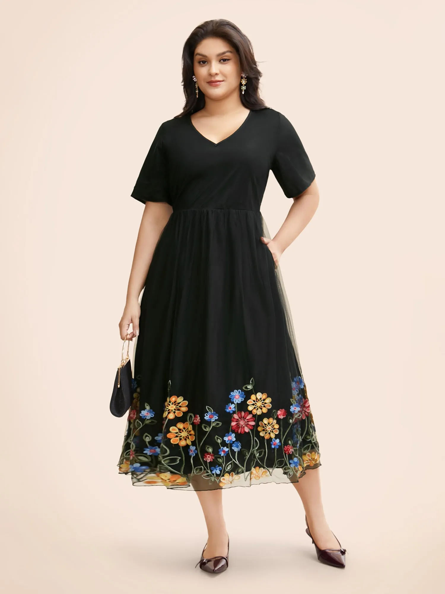 V Neck Floral Embroidered Mesh Dress sold by Bloomchic