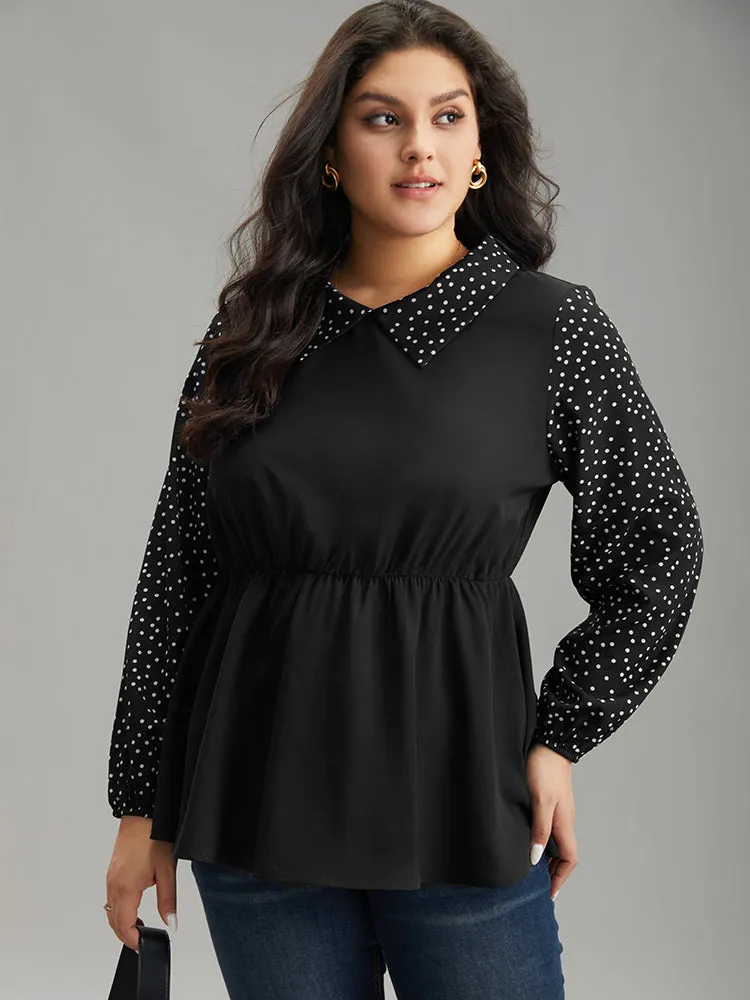 Polka Dot Patchwork Lapel Collar Elastic Waist Blouse sold by Bloomchic