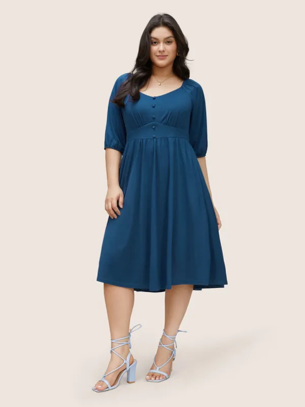Plain Gathered Button Detail Lantern Sleeve Dress sold by Bloomchic