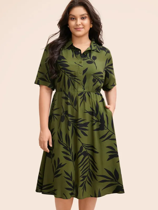 Tropical Print Shirt Collar Midi Dress sold by Bloomchic