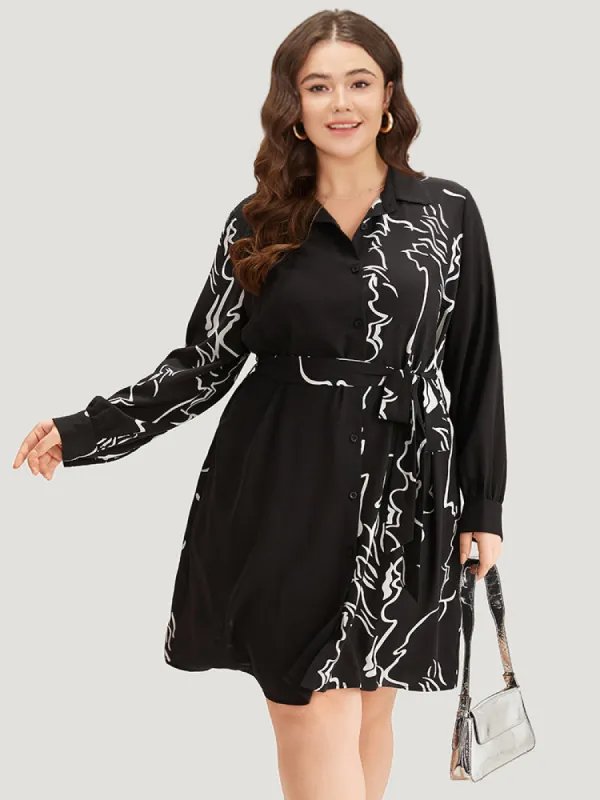 Graphic Shirt Collar Pocket Button Through Belted Dress sold by Bloomchic