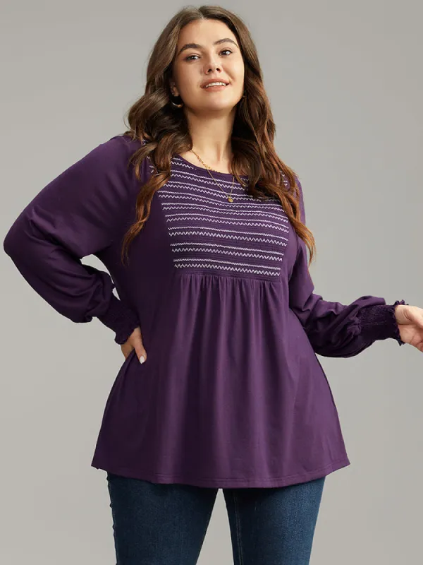 Geometric Shirred Ruffles Crew Neck T-shirt sold by Bloomchic