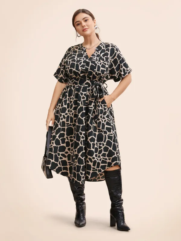 Geometric Notched Patched Pocket Belted Dress sold by Bloomchic