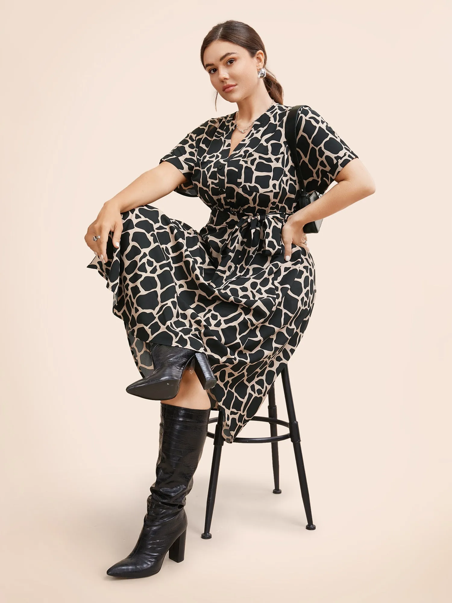 Geometric Notched Patched Pocket Belted Dress sold by Bloomchic product image thumbnail 3