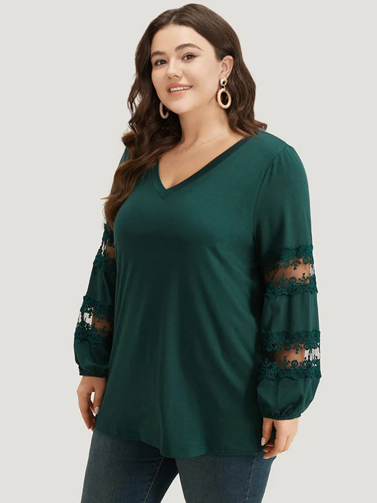 Halloween Crochet Lace Mesh V Neck Lantern Sleeve T-shirt sold by Bloomchic product image thumbnail 3