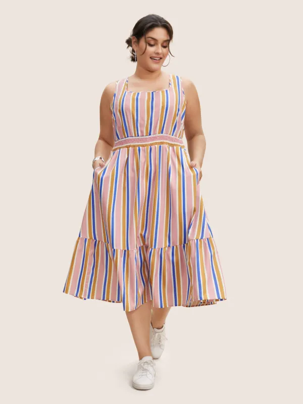 Contrast Striped Shirred Ruffle Hem Midi Dress sold by Bloomchic