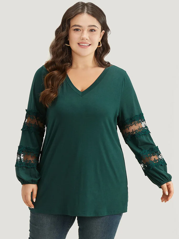 Halloween Crochet Lace Mesh V Neck Lantern Sleeve T-shirt sold by Bloomchic