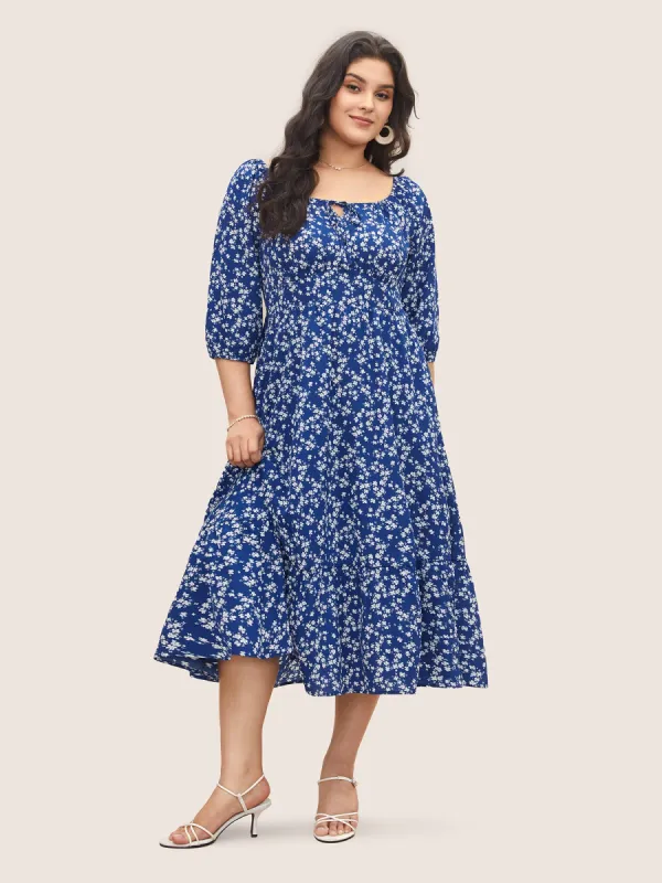 Ditsy Floral Pocket Tie Neck Shirred Dress sold by Bloomchic