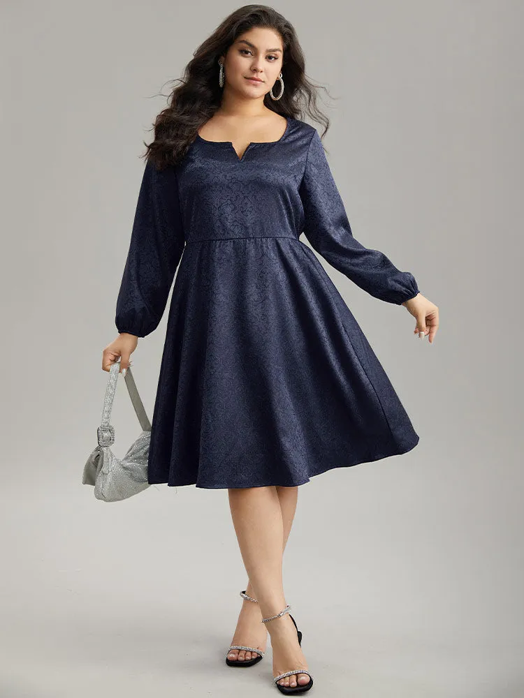 Plain Textured Notched Lantern Sleeve Dress sold by Bloomchic