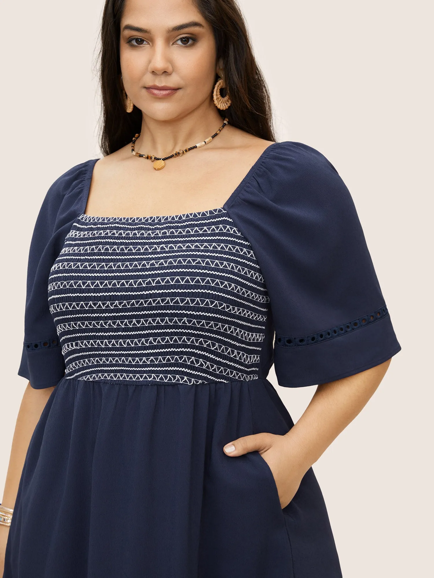 Square Neck Woven Ribbon Gathered Shirred Dress sold by Bloomchic product image thumbnail 2