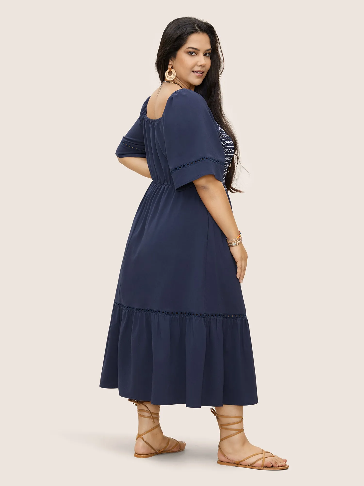 Square Neck Woven Ribbon Gathered Shirred Dress sold by Bloomchic product image thumbnail 4