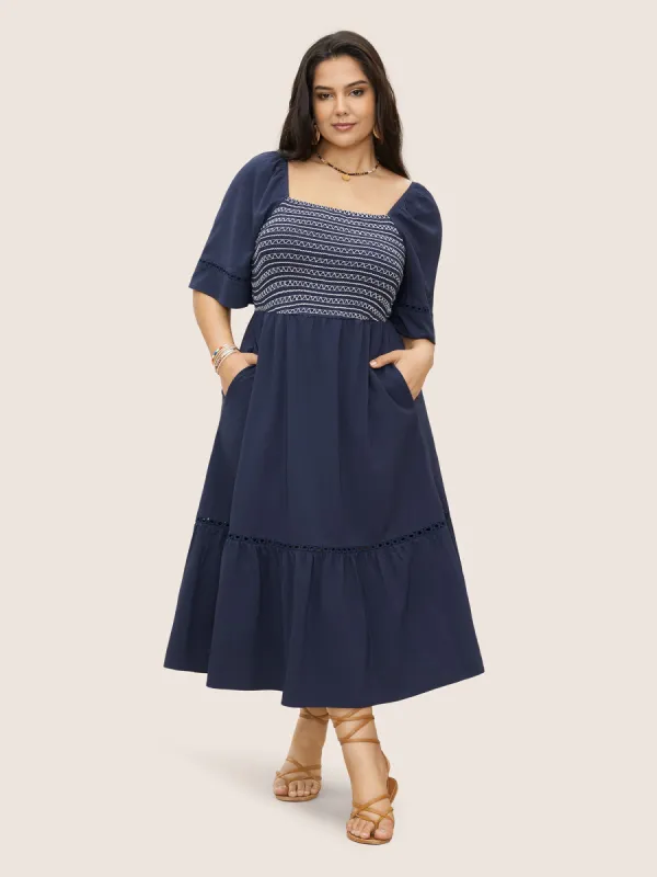 Square Neck Woven Ribbon Gathered Shirred Dress sold by Bloomchic