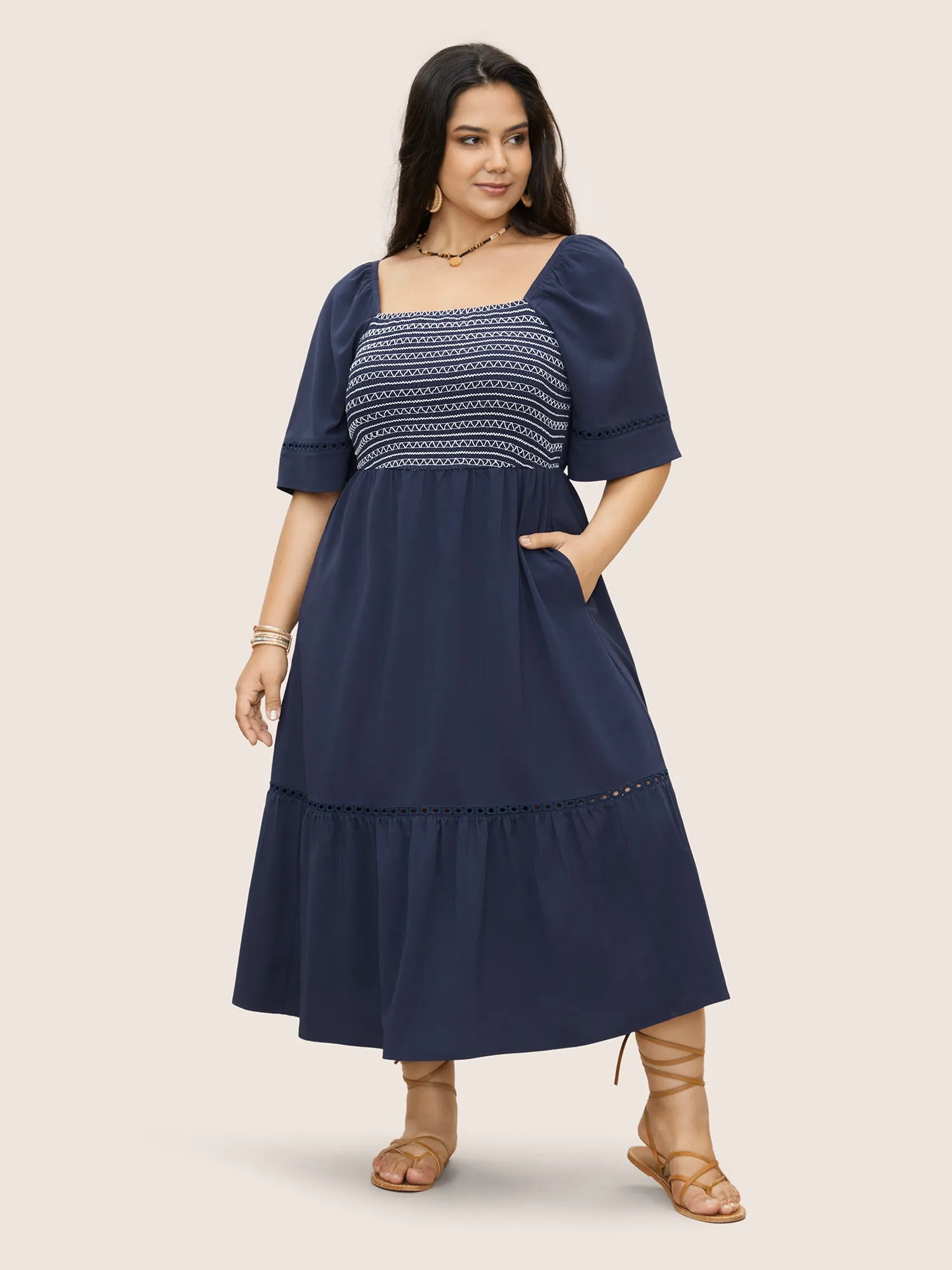 Square Neck Woven Ribbon Gathered Shirred Dress sold by Bloomchic product image thumbnail 3