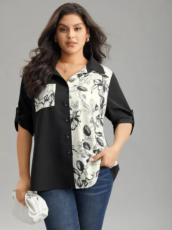 Silhouette Floral Print Twill Shirt Collar Contrast Blouse sold by Bloomchic