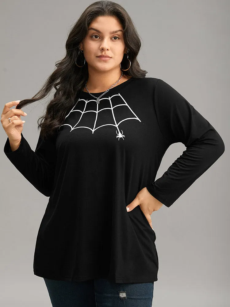 Halloween Spider Web Print Round Neck T-shirt sold by Bloomchic
