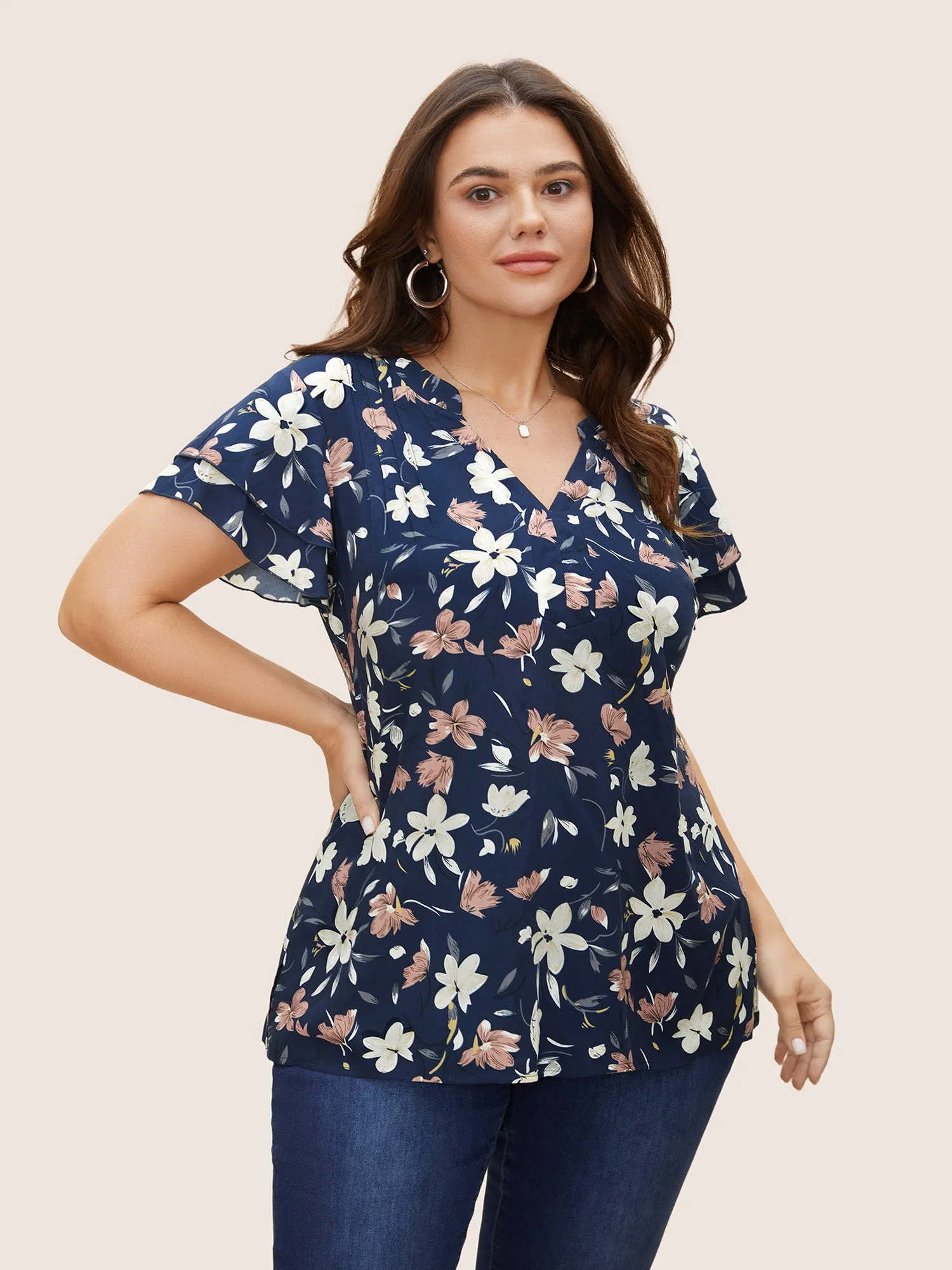 Floral Print Tiered Ruffle Sleeve Pleated Blouse sold by Bloomchic