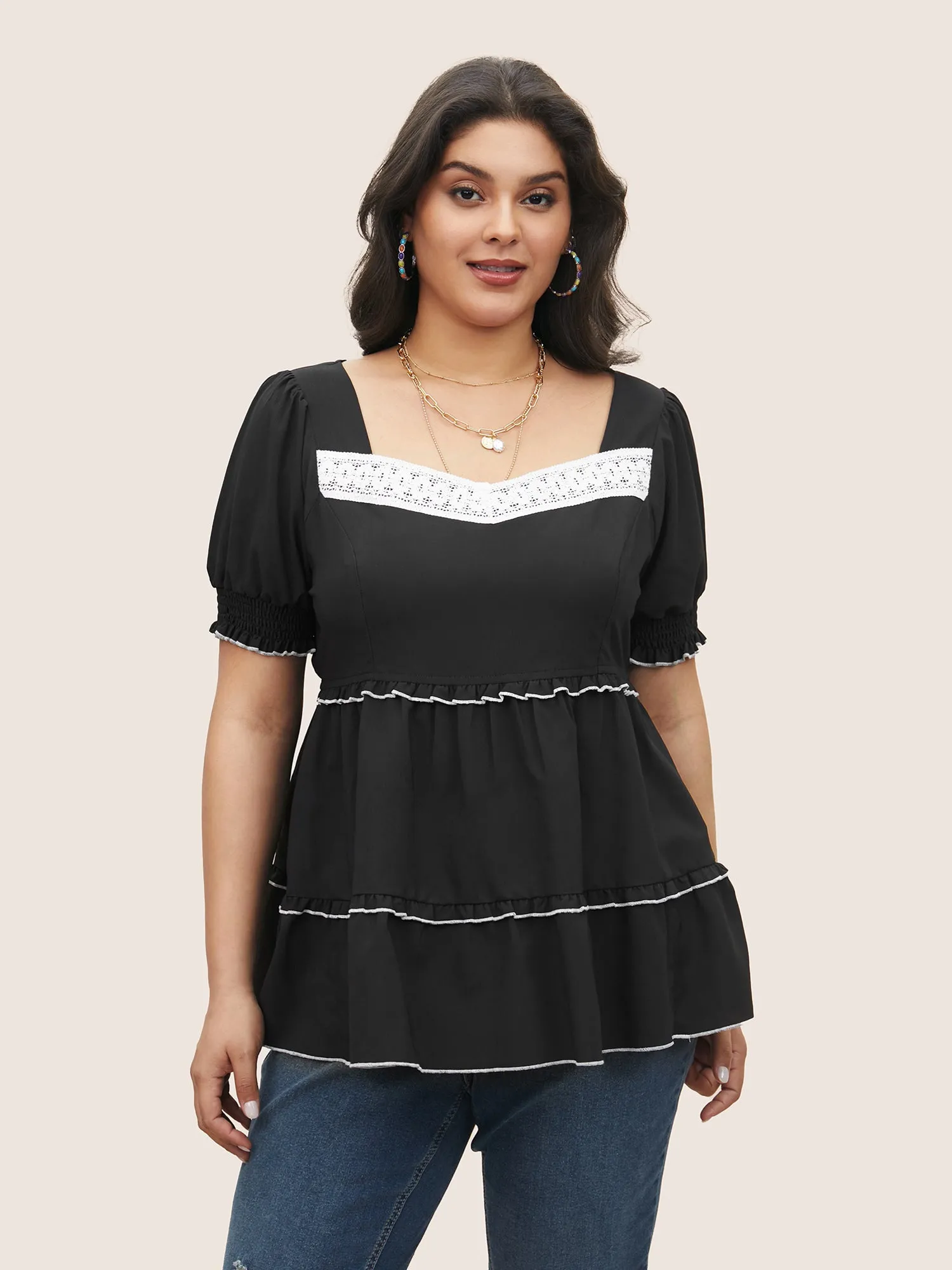 Contrast Shirred Woven Ribbon Frill Trim Blouse sold by Bloomchic