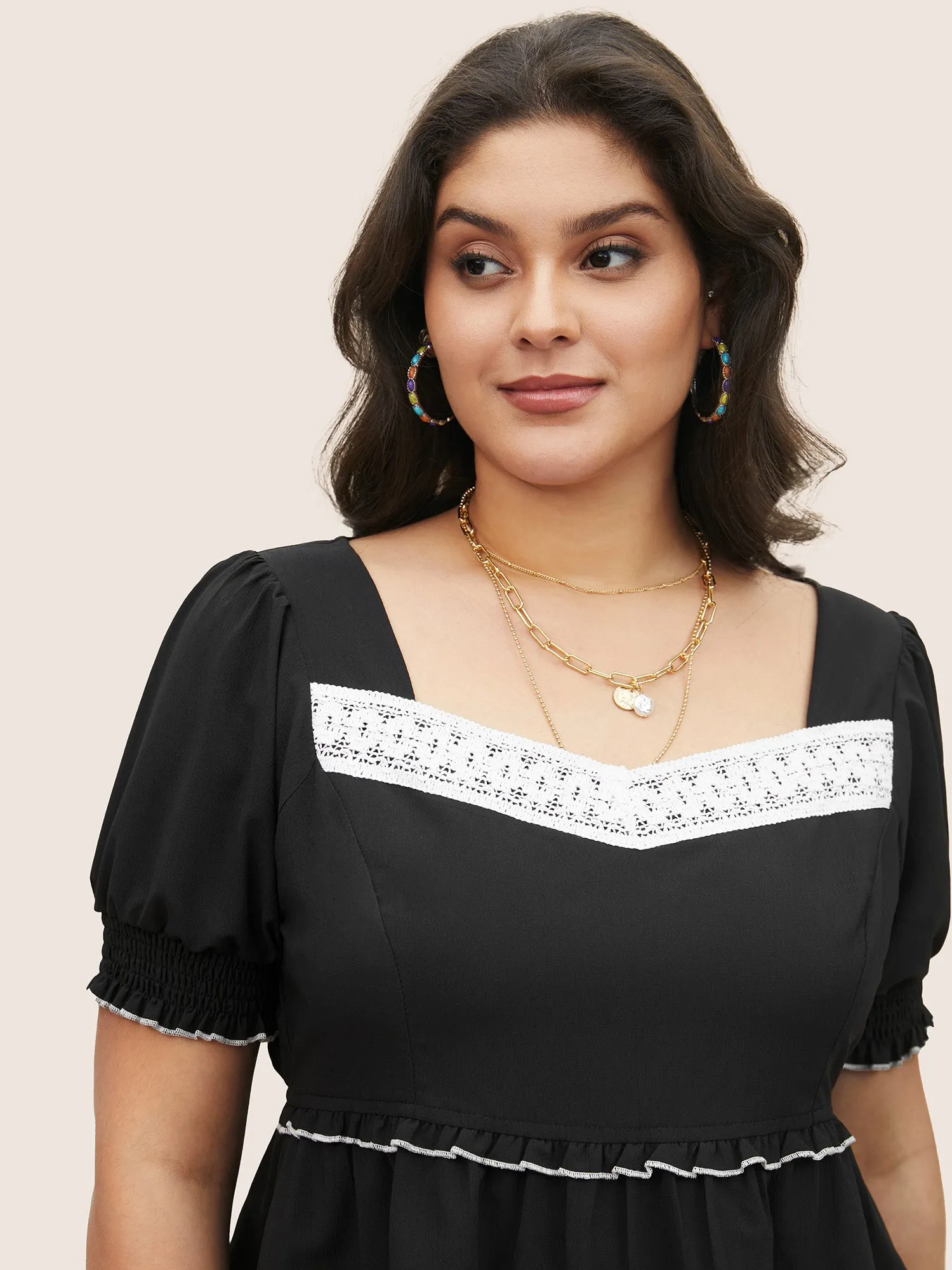 Contrast Shirred Woven Ribbon Frill Trim Blouse sold by Bloomchic product image thumbnail 3