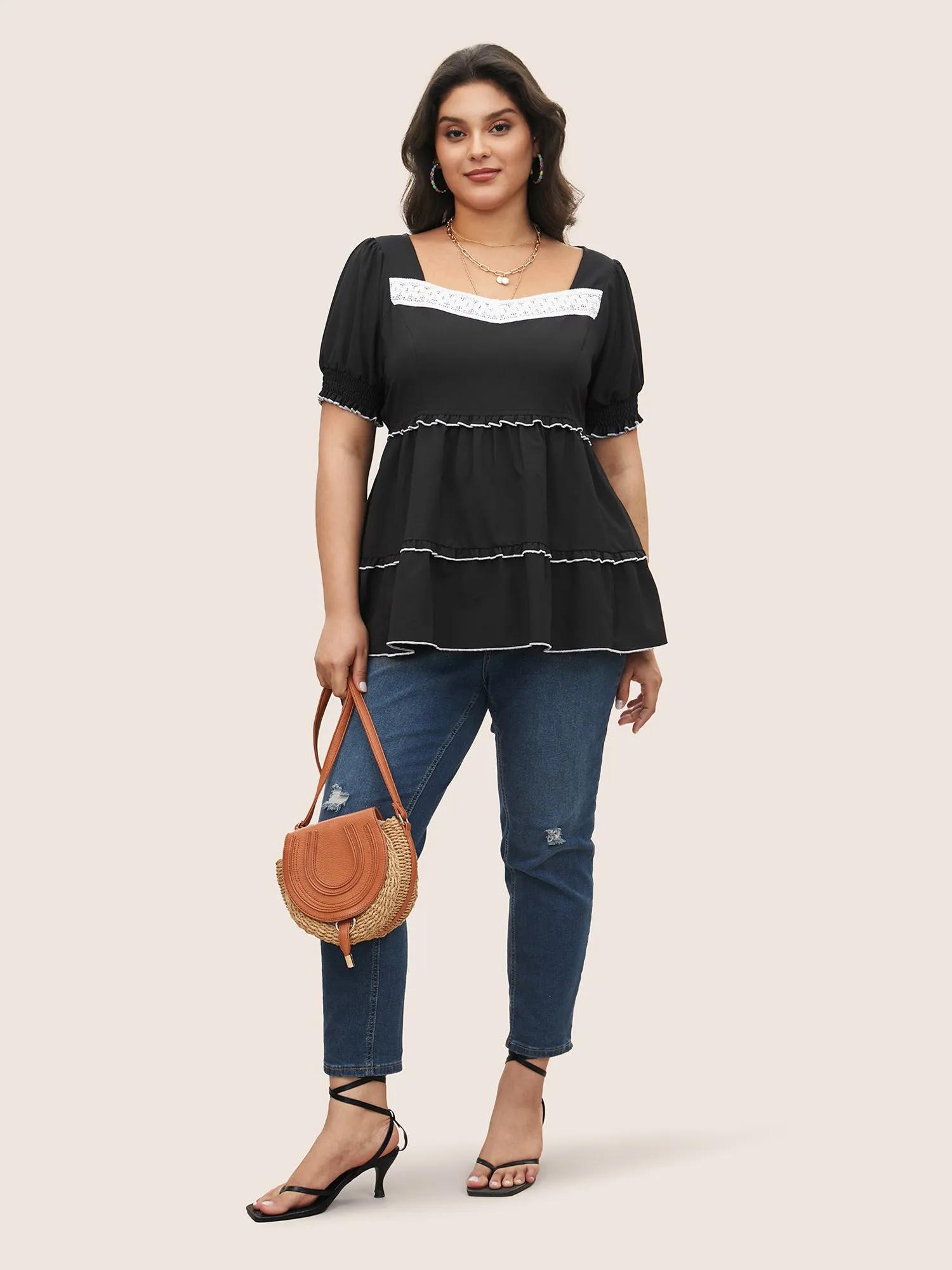 Contrast Shirred Woven Ribbon Frill Trim Blouse sold by Bloomchic product image thumbnail 2