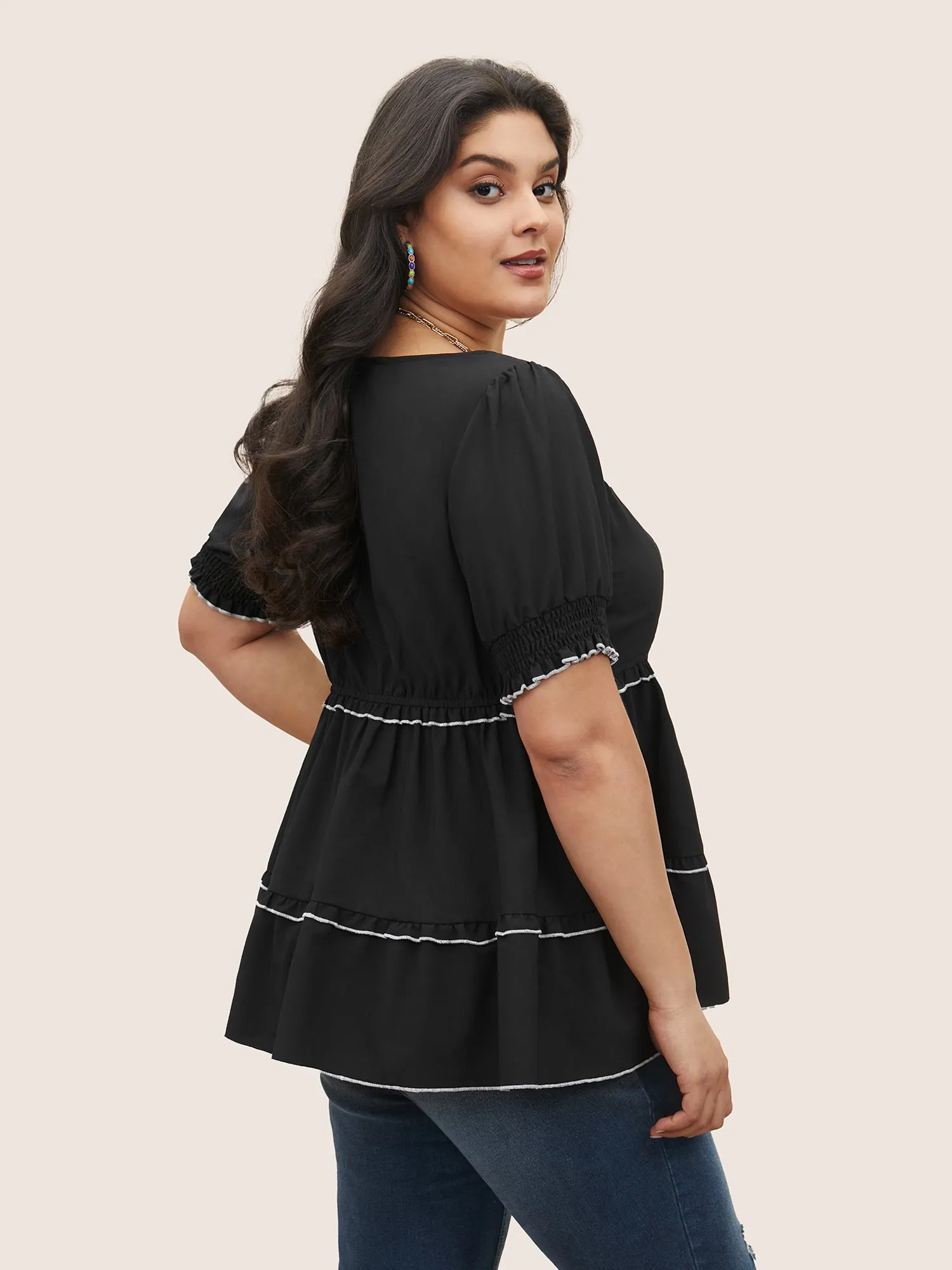 Contrast Shirred Woven Ribbon Frill Trim Blouse sold by Bloomchic product image thumbnail 4