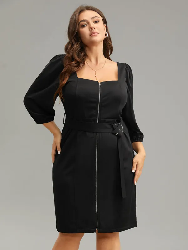 Plain Square Neck Belted Metal Detail Zipper Dress sold by Bloomchic