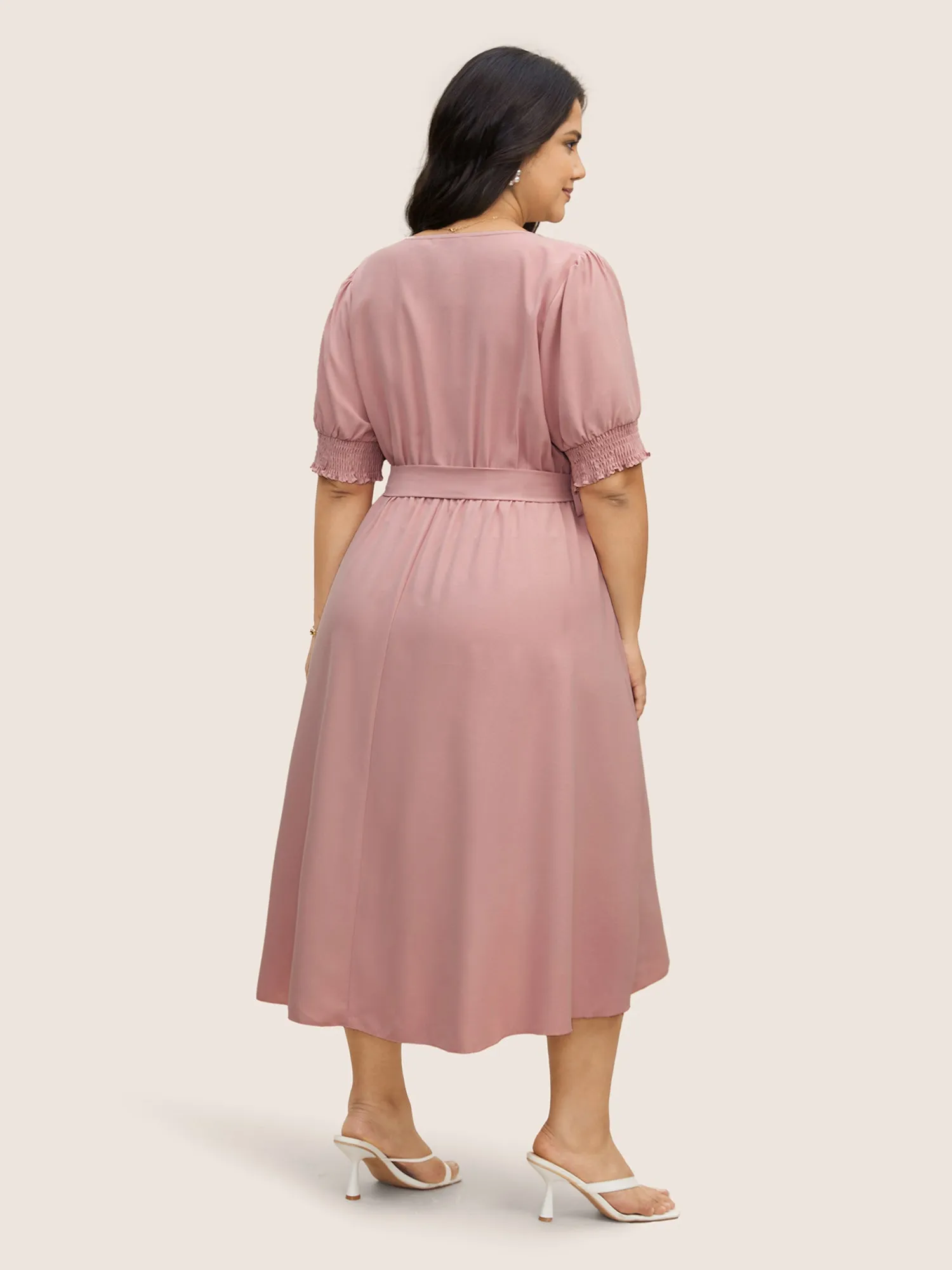 Solid Overlap Collar Puff Sleeve Belted Dress sold by Bloomchic product image thumbnail 3