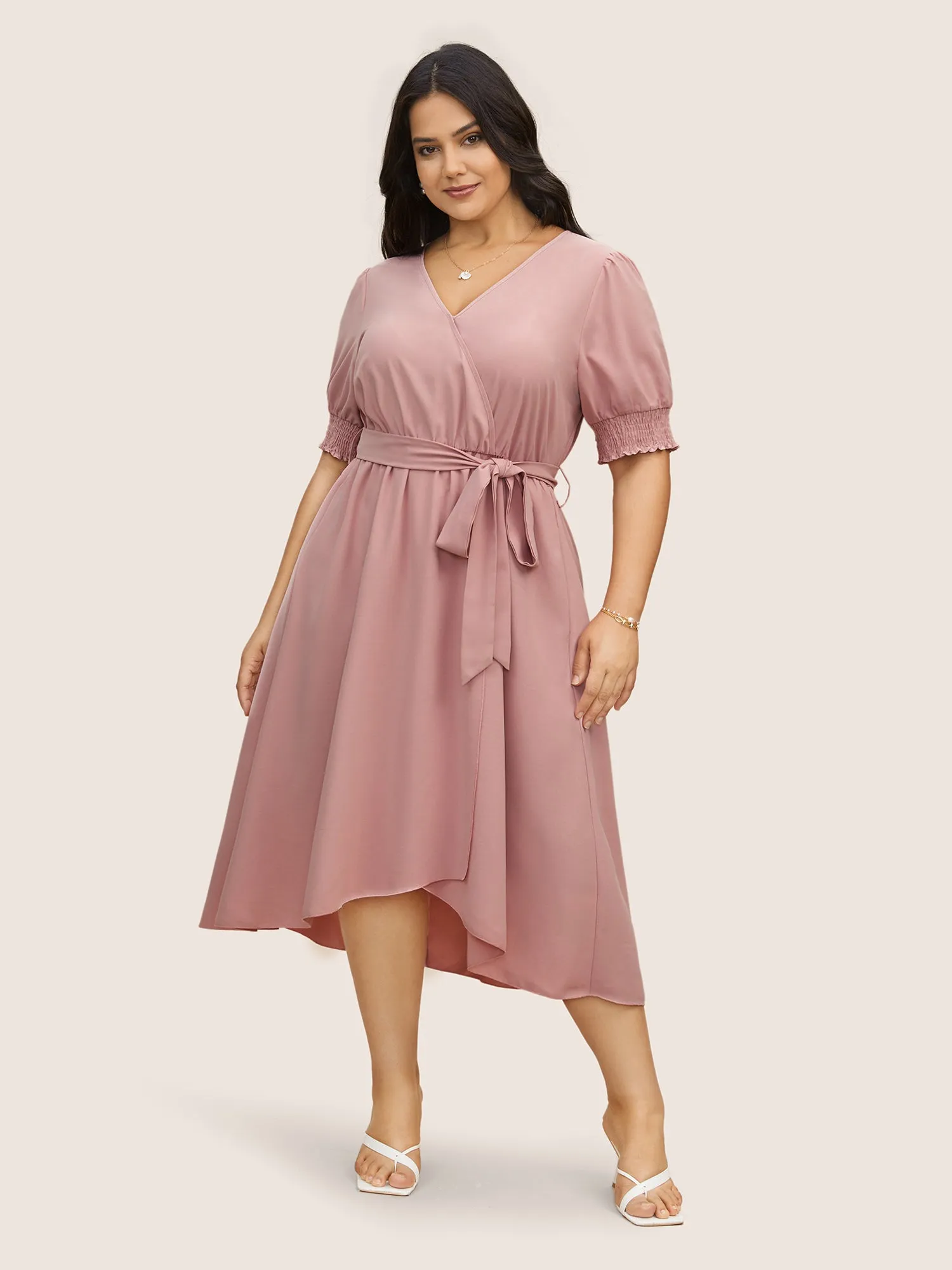 Solid Overlap Collar Puff Sleeve Belted Dress sold by Bloomchic product image thumbnail 2