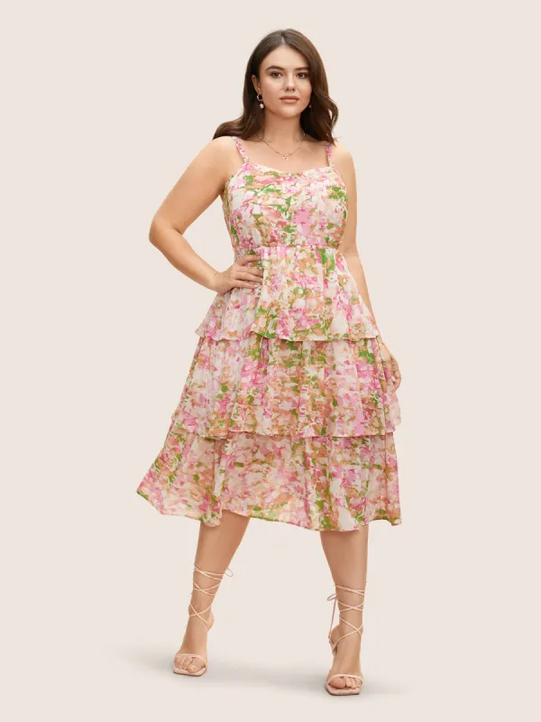 Chiffon Floral Shirred Ruffle Layered Hem Dress sold by Bloomchic