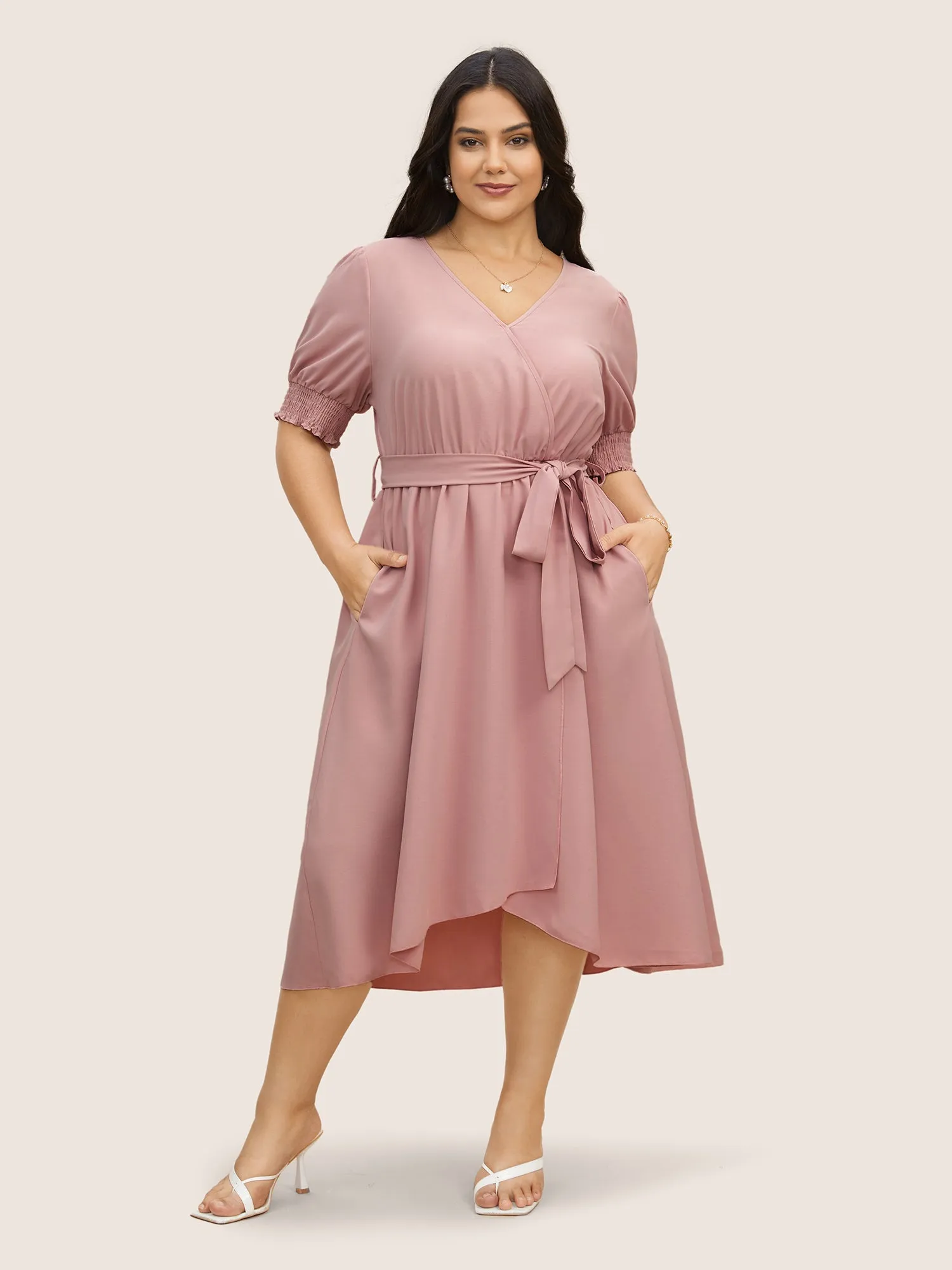 Solid Overlap Collar Puff Sleeve Belted Dress sold by Bloomchic