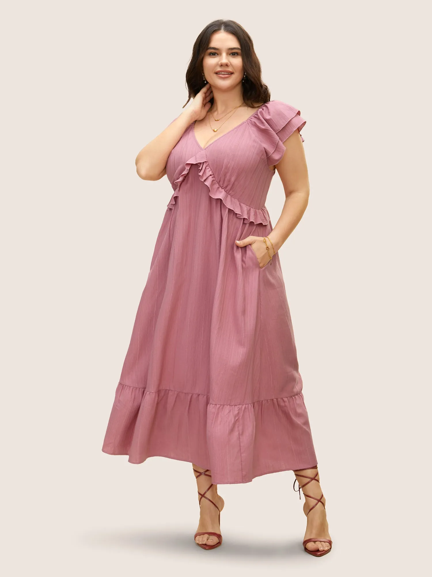 Plain Textured Tiered Ruffle Sleeve Dress sold by Bloomchic product image thumbnail 2