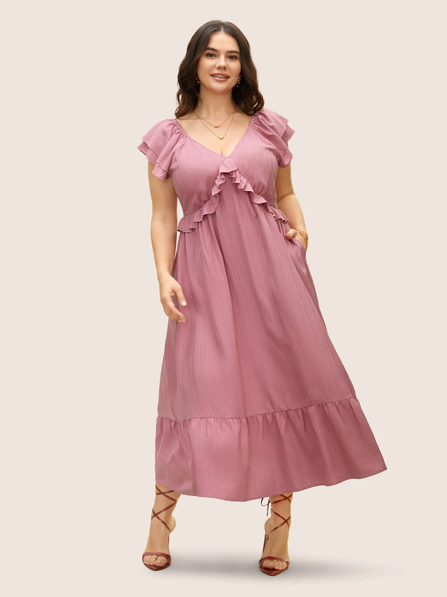 Plain Textured Tiered Ruffle Sleeve Dress sold by Bloomchic