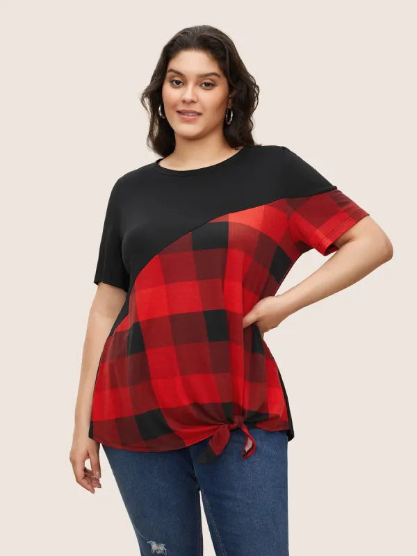 Plaid Patchwork Contrast Tie Knot T-shirt sold by Bloomchic