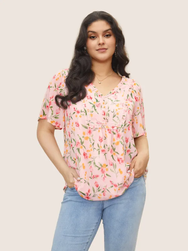 Chiffon Watercolor Floral Woven Ribbon Frill Trim Blouse sold by Bloomchic