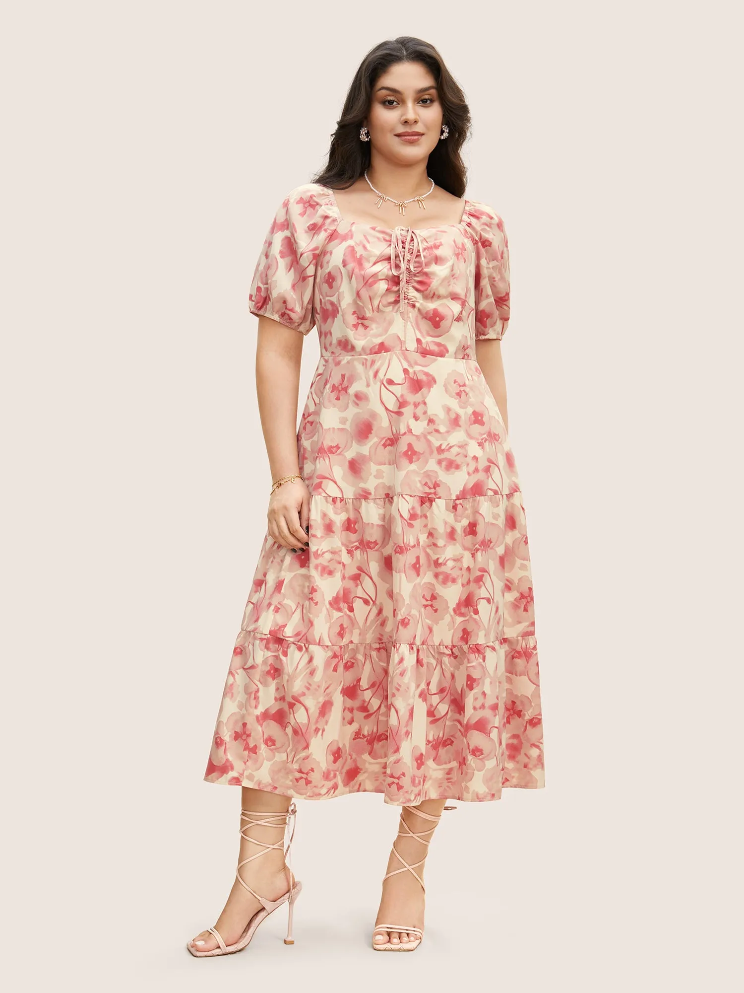 Floral Drawstring Tie Knot Puff Sleeve Midi Dress sold by Bloomchic product image thumbnail 2