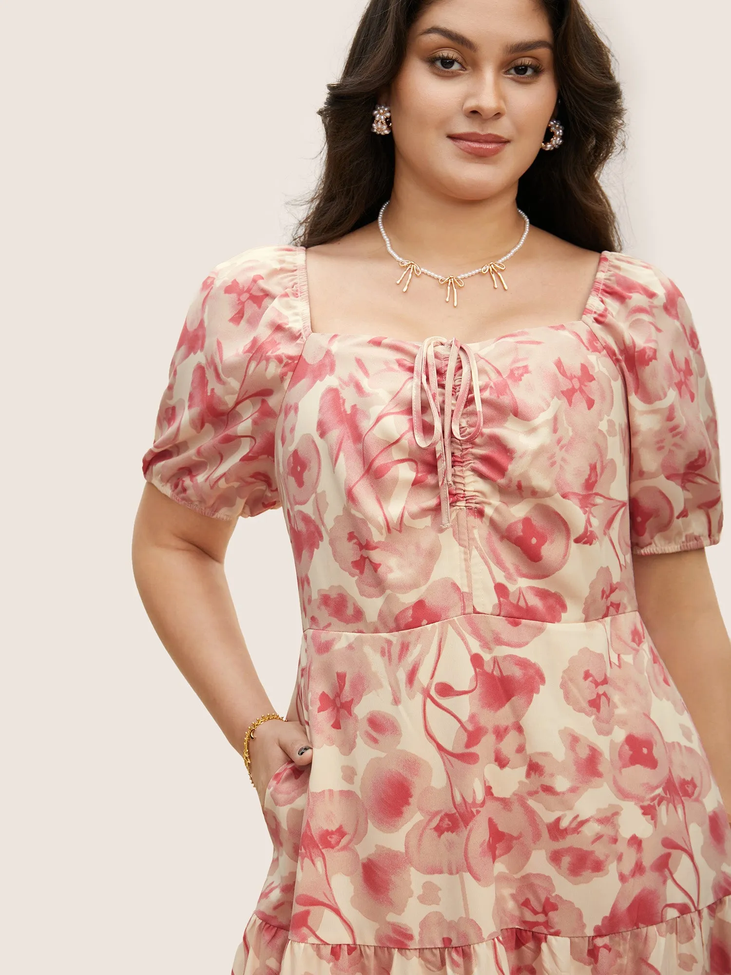 Floral Drawstring Tie Knot Puff Sleeve Midi Dress sold by Bloomchic product image thumbnail 4