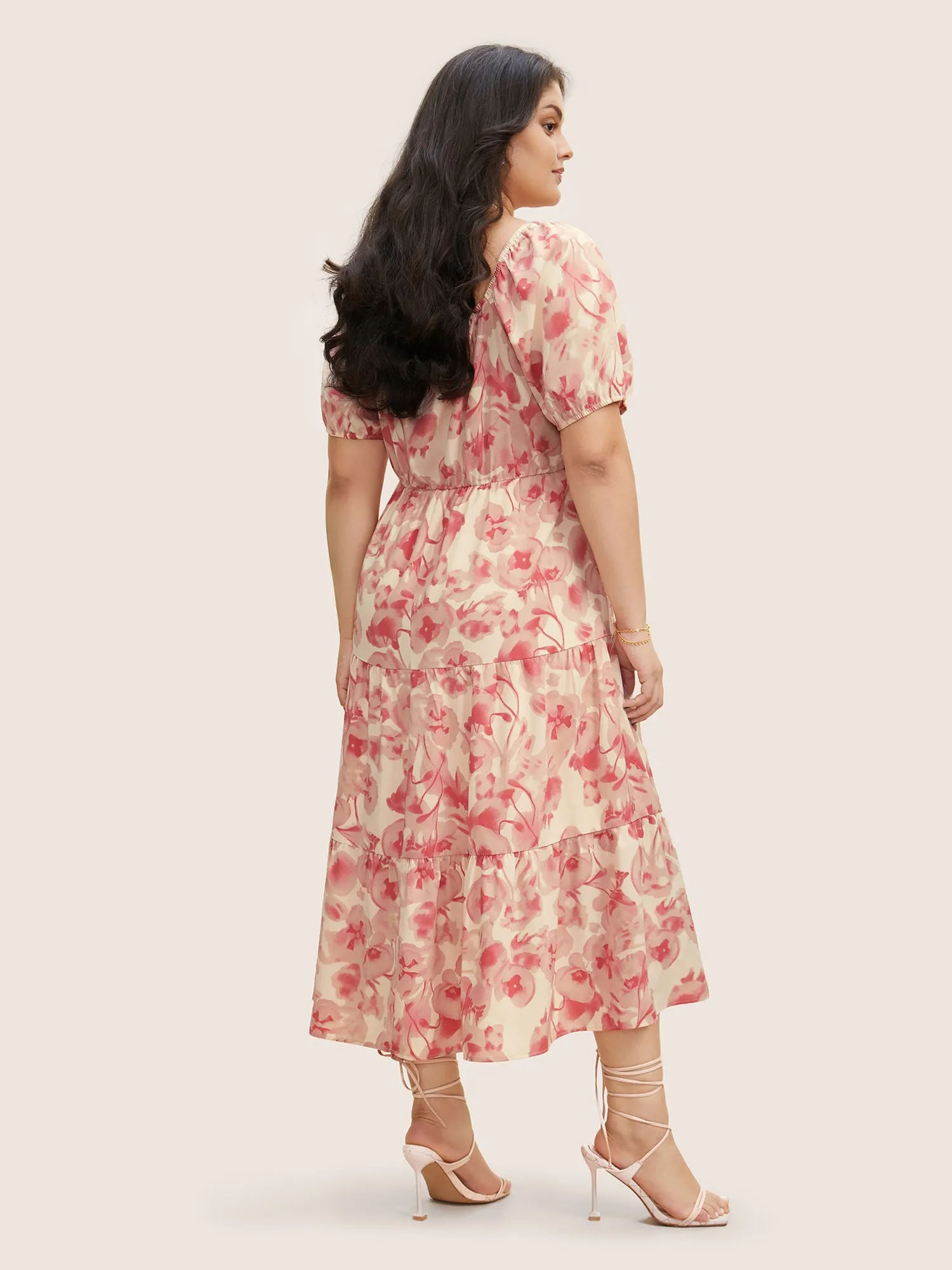 Floral Drawstring Tie Knot Puff Sleeve Midi Dress sold by Bloomchic product image thumbnail 3